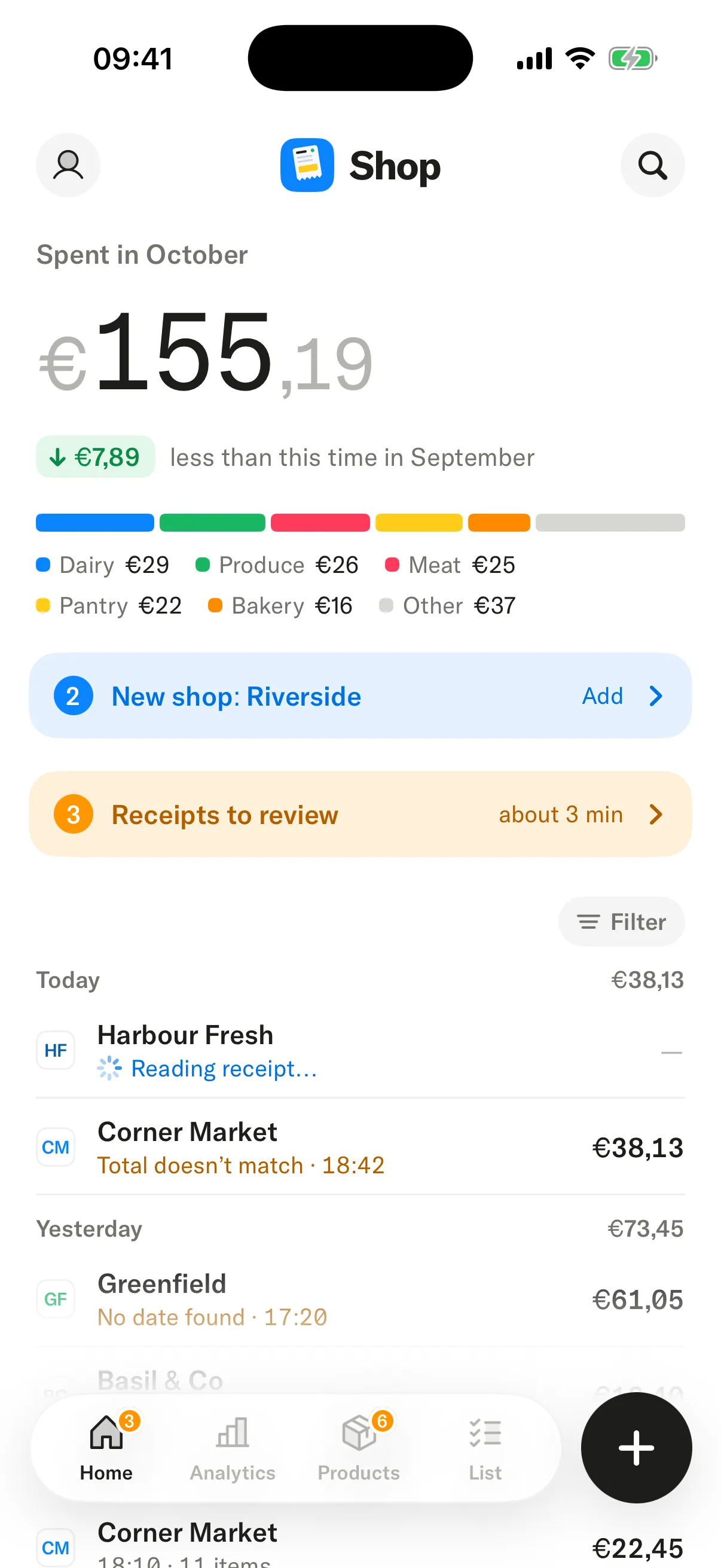 Home screen in the app: the receipts inbox