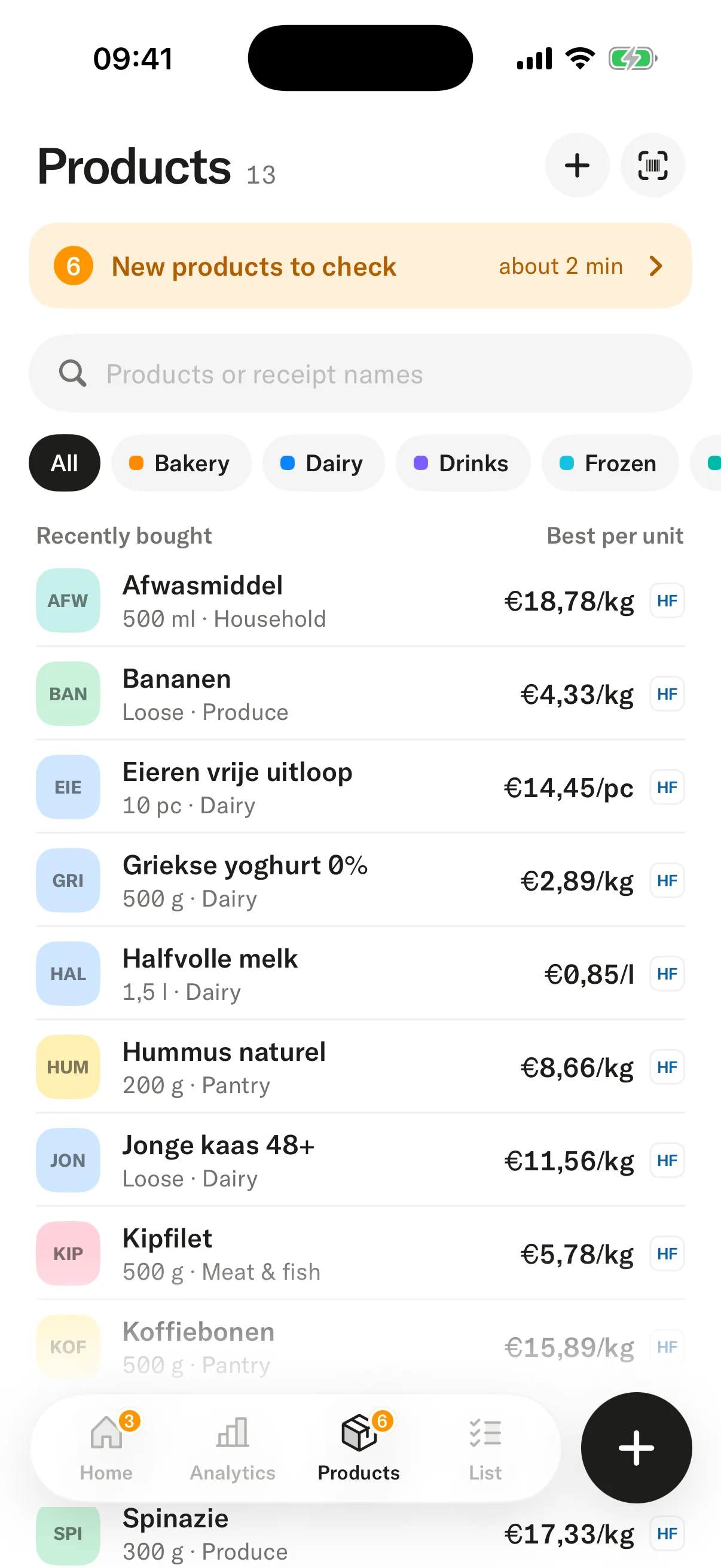 Products screen in the app: a tidy list of products with categories and best price per unit