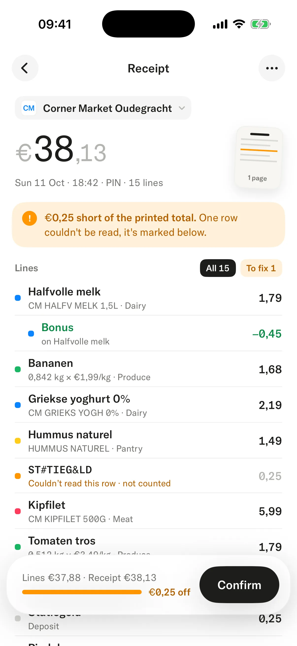 Receipt screen in the app: every line listed and checked against the printed total